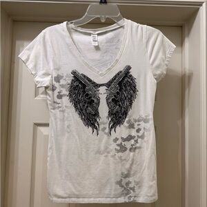 White V-Neck Tee with Black Wing Graphic